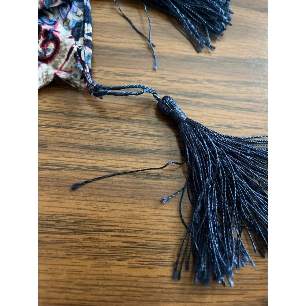 Blue pink white paisley scarf with tassels